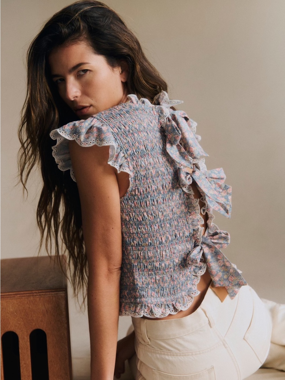 Sezane Liorane Smocked Ruffle Top in Blue-Pink Floral - Picture 3 of 5